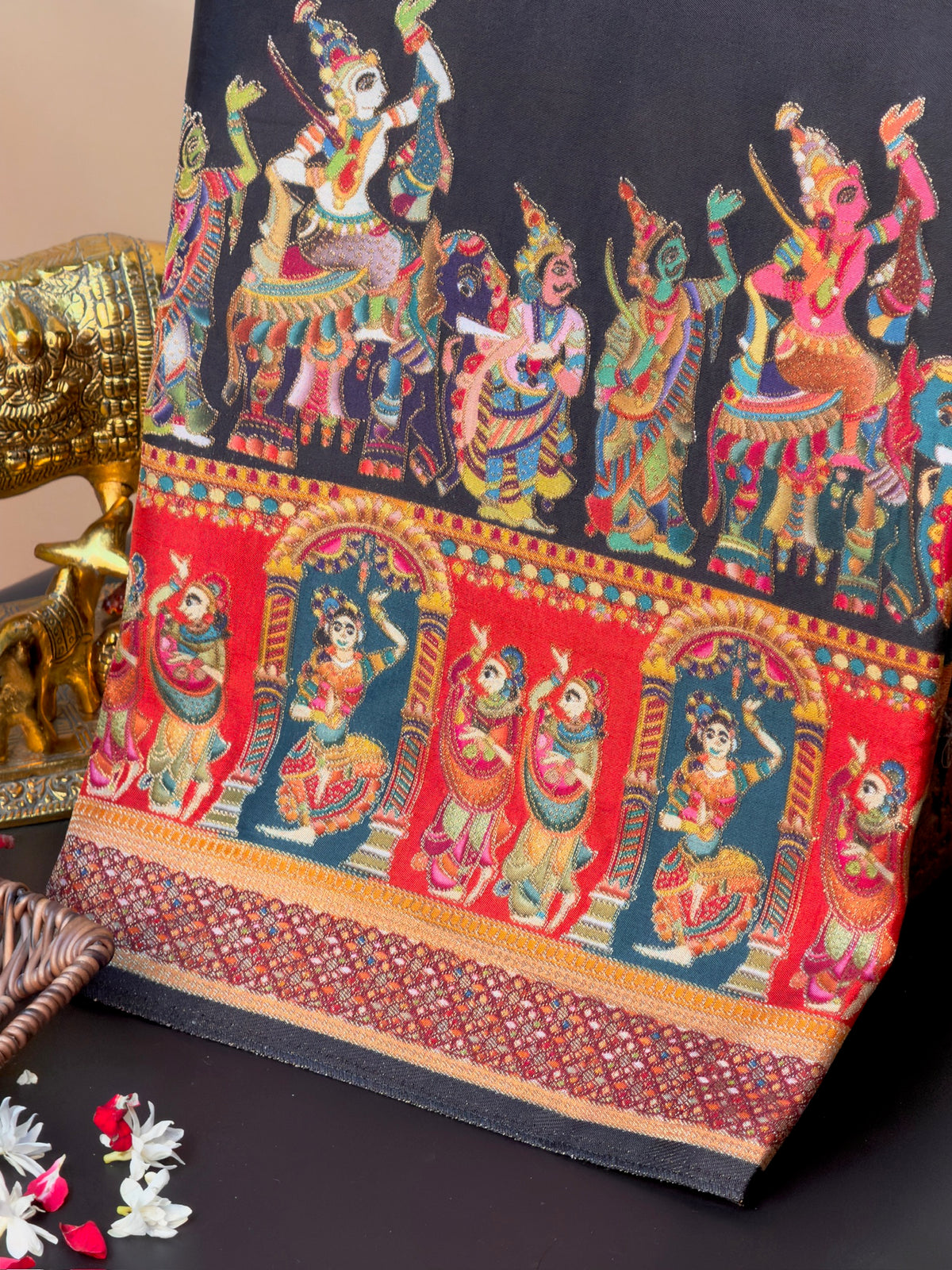 UTSAV BANARAS 477E: Jet Black Butter Silk Saree with Heritage Position Print &amp; Contrast Blouse