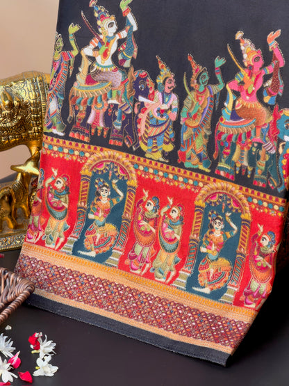 UTSAV BANARAS 477E: Jet Black Butter Silk Saree with Heritage Position Print &amp; Contrast Blouse