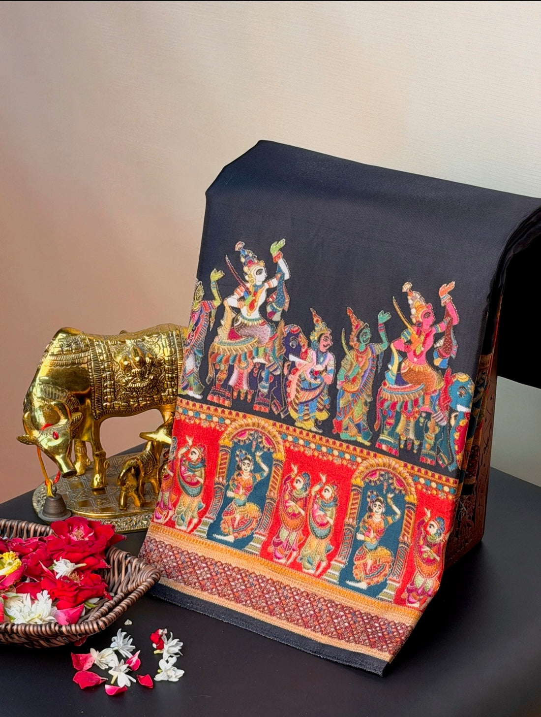 UTSAV BANARAS 477E: Jet Black Butter Silk Saree with Heritage Position Print &amp; Contrast Blouse