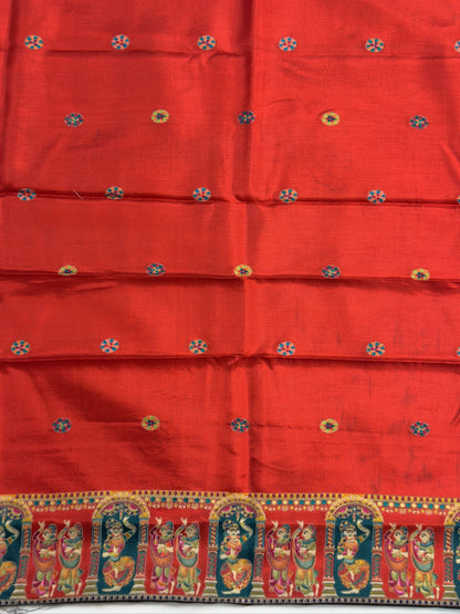 UTSAV BANARAS 477E: Jet Black Butter Silk Saree with Heritage Position Print &amp; Contrast Blouse