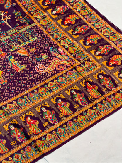 UTSAV BANARAS 475E: Purple Butter Silk Saree with Heritage Position Print &amp; Contrast Blouse
