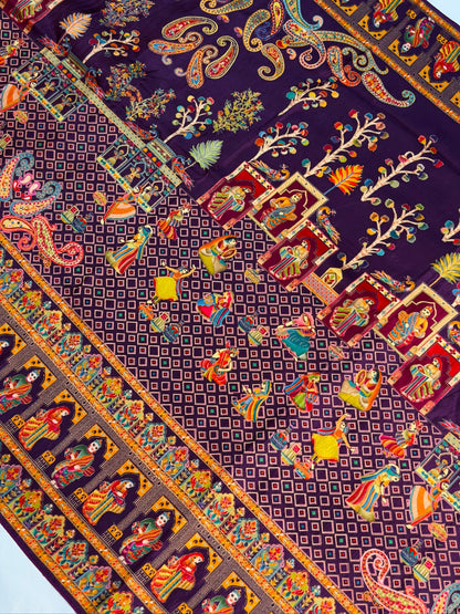 UTSAV BANARAS 475E: Purple Butter Silk Saree with Heritage Position Print &amp; Contrast Blouse