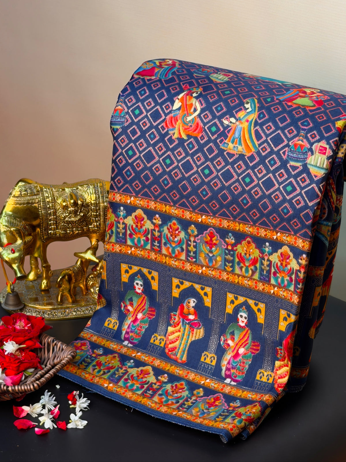 UTSAV BANARAS 475H: Navy Blue Butter Silk Saree with Heritage Position Print &amp; Contrast Blouse