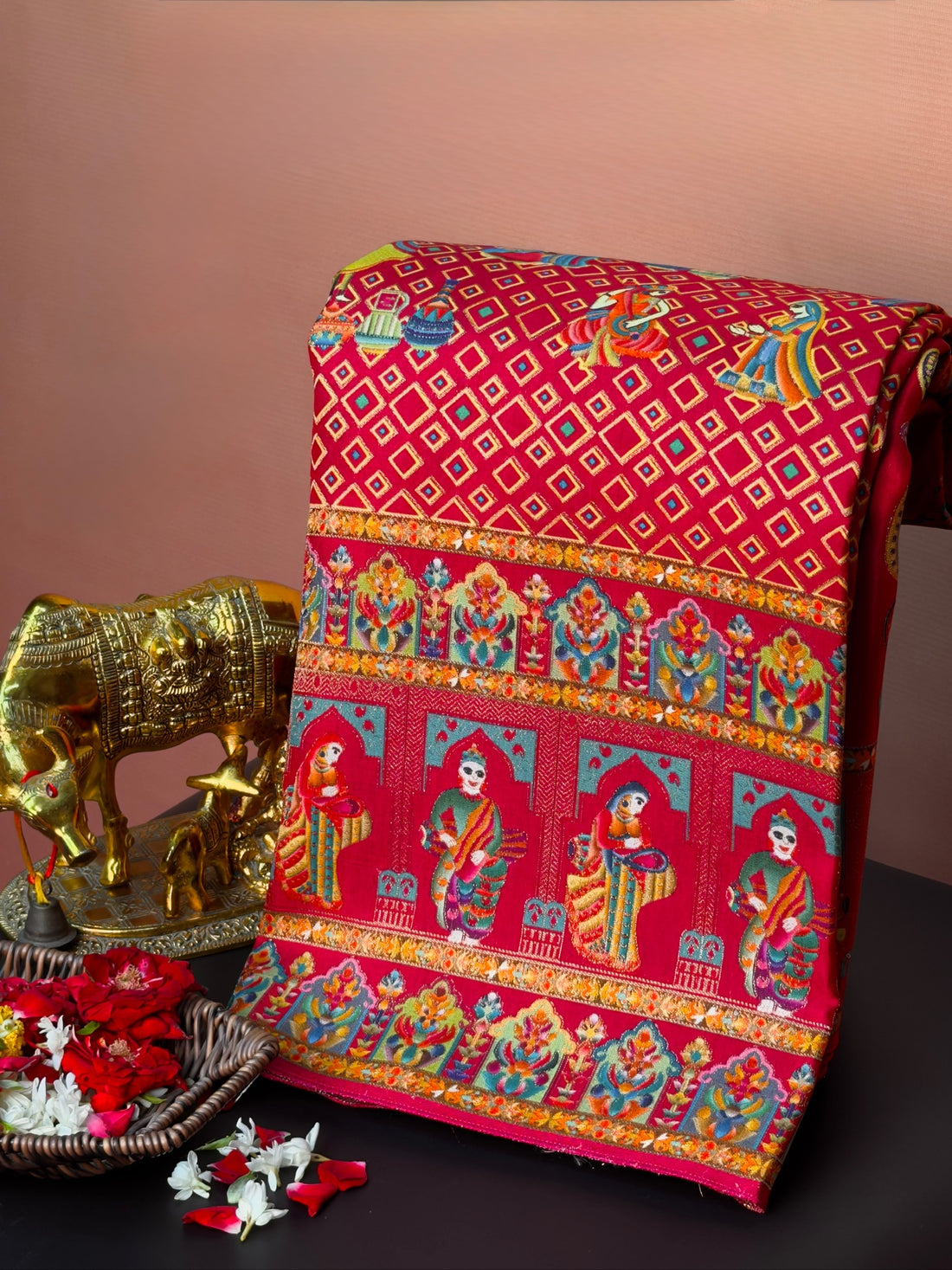 UTSAV BANARAS 475D: Pure Red Butter Silk Saree with Heritage Position Print &amp; Contrast Bloue