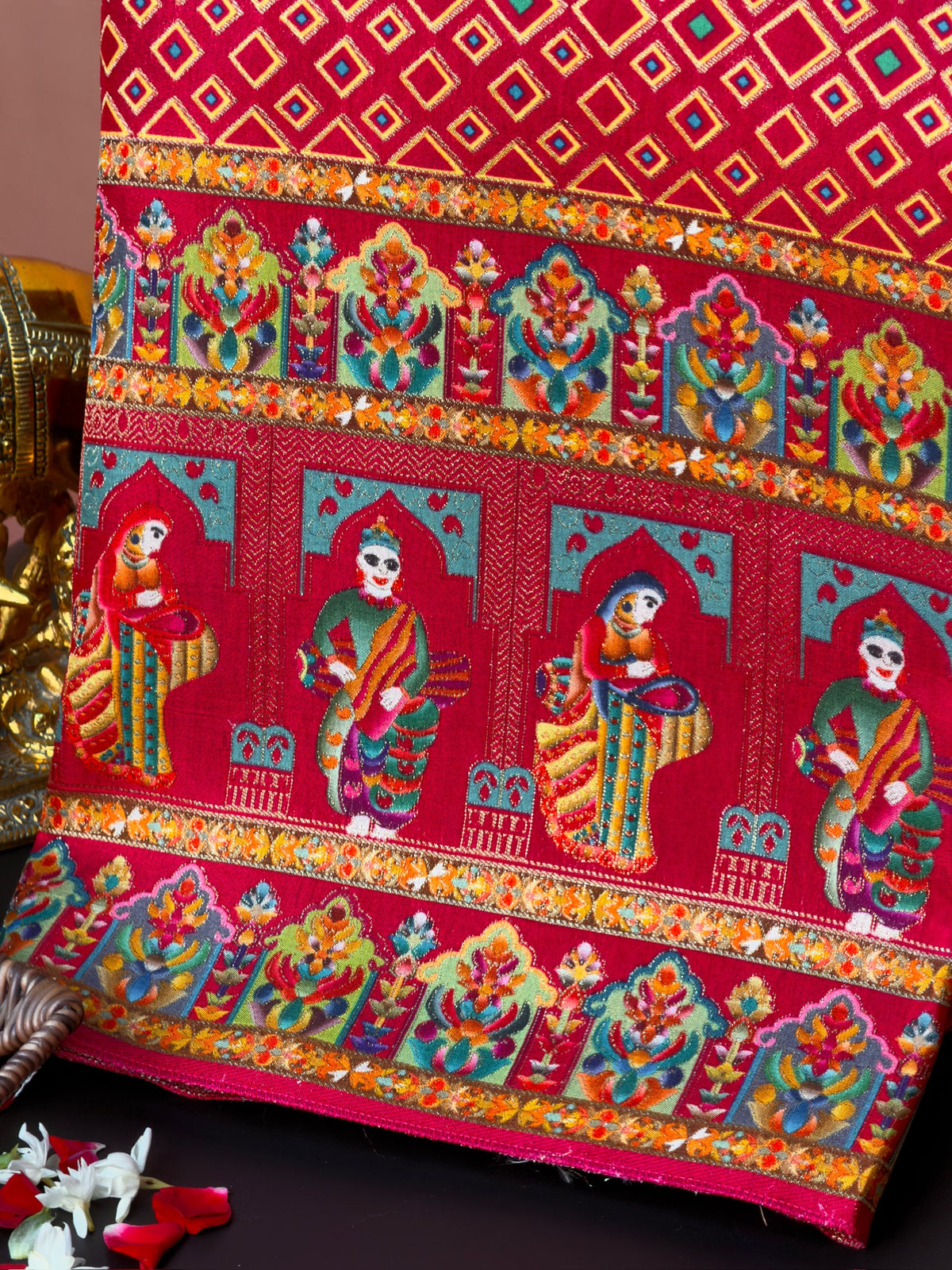 UTSAV BANARAS 475D: Pure Red Butter Silk Saree with Heritage Position Print &amp; Contrast Bloue