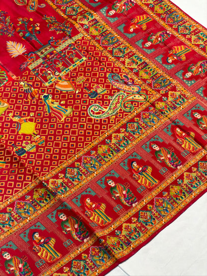 UTSAV BANARAS 475D: Pure Red Butter Silk Saree with Heritage Position Print &amp; Contrast Bloue