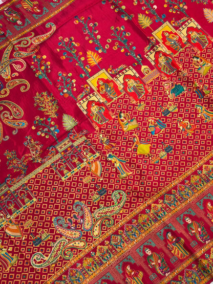 UTSAV BANARAS 475D: Pure Red Butter Silk Saree with Heritage Position Print &amp; Contrast Bloue
