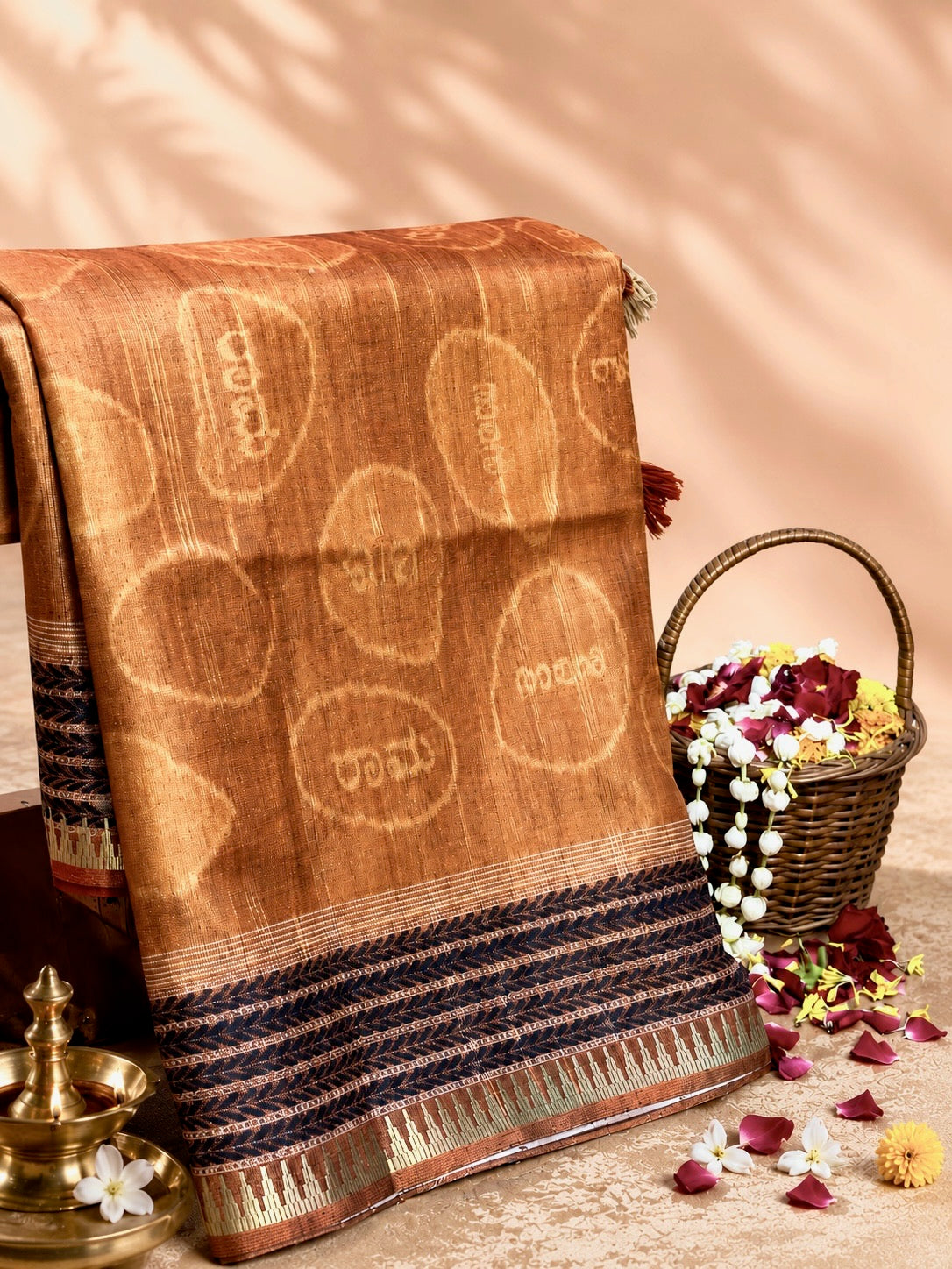 UTSAV BANARAS 480: Rust Orange Ram Sila Tussar Silk Saree – Sacred Bandha Ikat Masterpiece Inspired by Nita M. Ambani