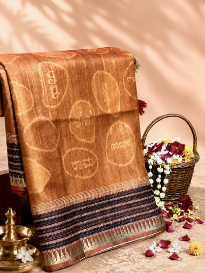 UTSAV BANARAS 480: Rust Orange Ram Sila Tussar Silk Saree – Sacred Bandha Ikat Masterpiece Inspired by Nita M. Ambani