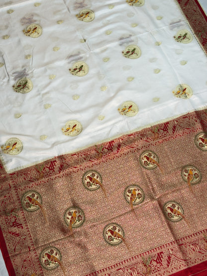 UTSAV BANARAS 421: Creamy White Satin Mashru Valkalam Saree with Meenakari Floral Border &amp; Matching Dupatta