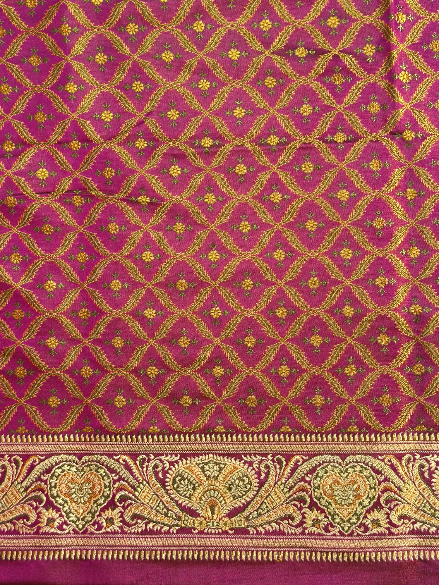 WAAH BANARAS 166: Deep Purple Satin Tanchoi Silk Saree with Rich Zari, Resham Weaving &amp; Grand Floral Paisley Border