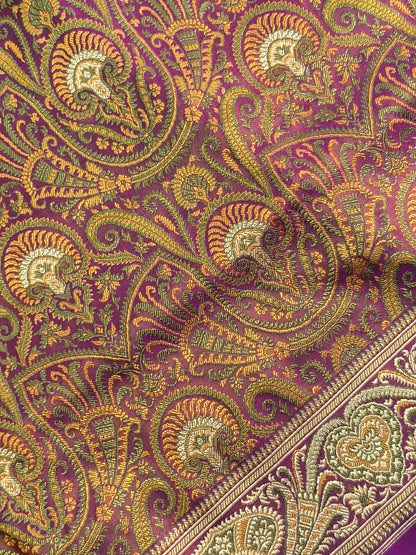 WAAH BANARAS 166: Deep Purple Satin Tanchoi Silk Saree with Rich Zari, Resham Weaving &amp; Grand Floral Paisley Border