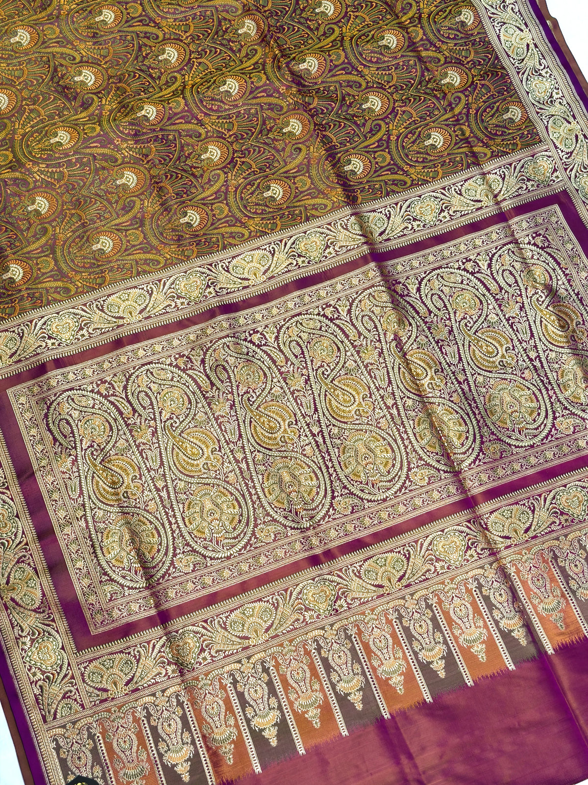 WAAH BANARAS 166: Deep Purple Satin Tanchoi Silk Saree with Rich Zari, Resham Weaving &amp; Grand Floral Paisley Border