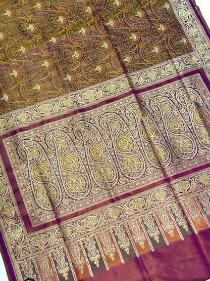 WAAH BANARAS 166: Deep Purple Satin Tanchoi Silk Saree with Rich Zari, Resham Weaving &amp; Grand Floral Paisley Border
