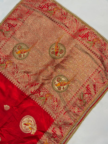 UTSAV BANARAS 421: Creamy White Satin Mashru Valkalam Saree with Meenakari Floral Border &amp; Matching Dupatta