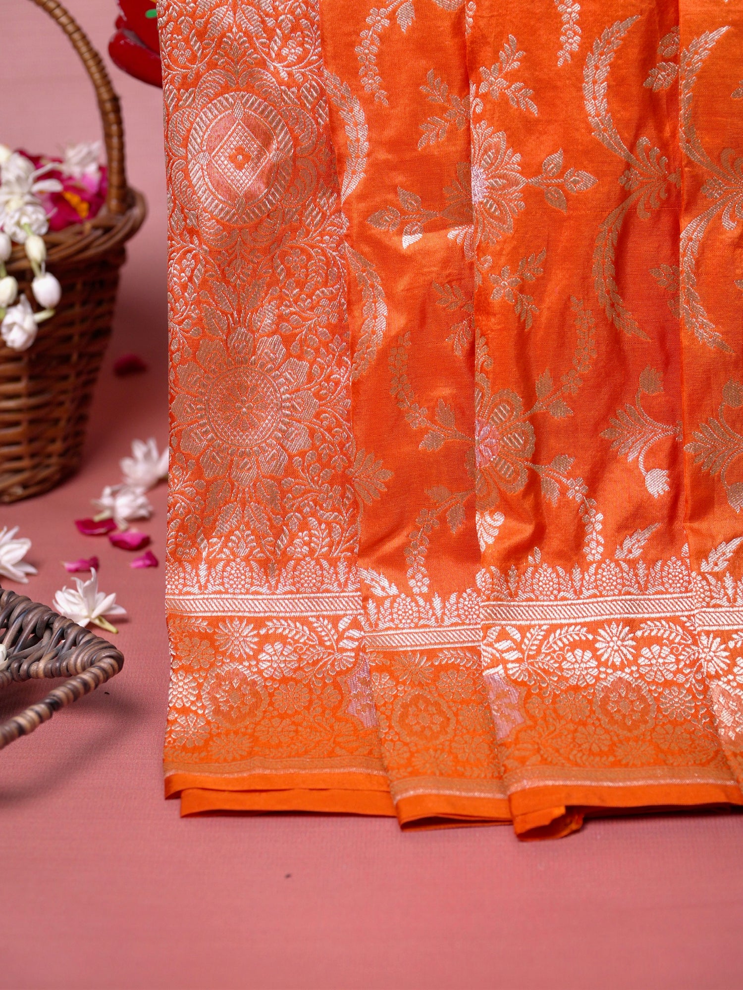 VIRASAT 440: Safety Orange Pure Katan Silk Alfi Saree with Sona Rupa Zari Floral Jaal &amp; Zari Border | Silk Mark Certified