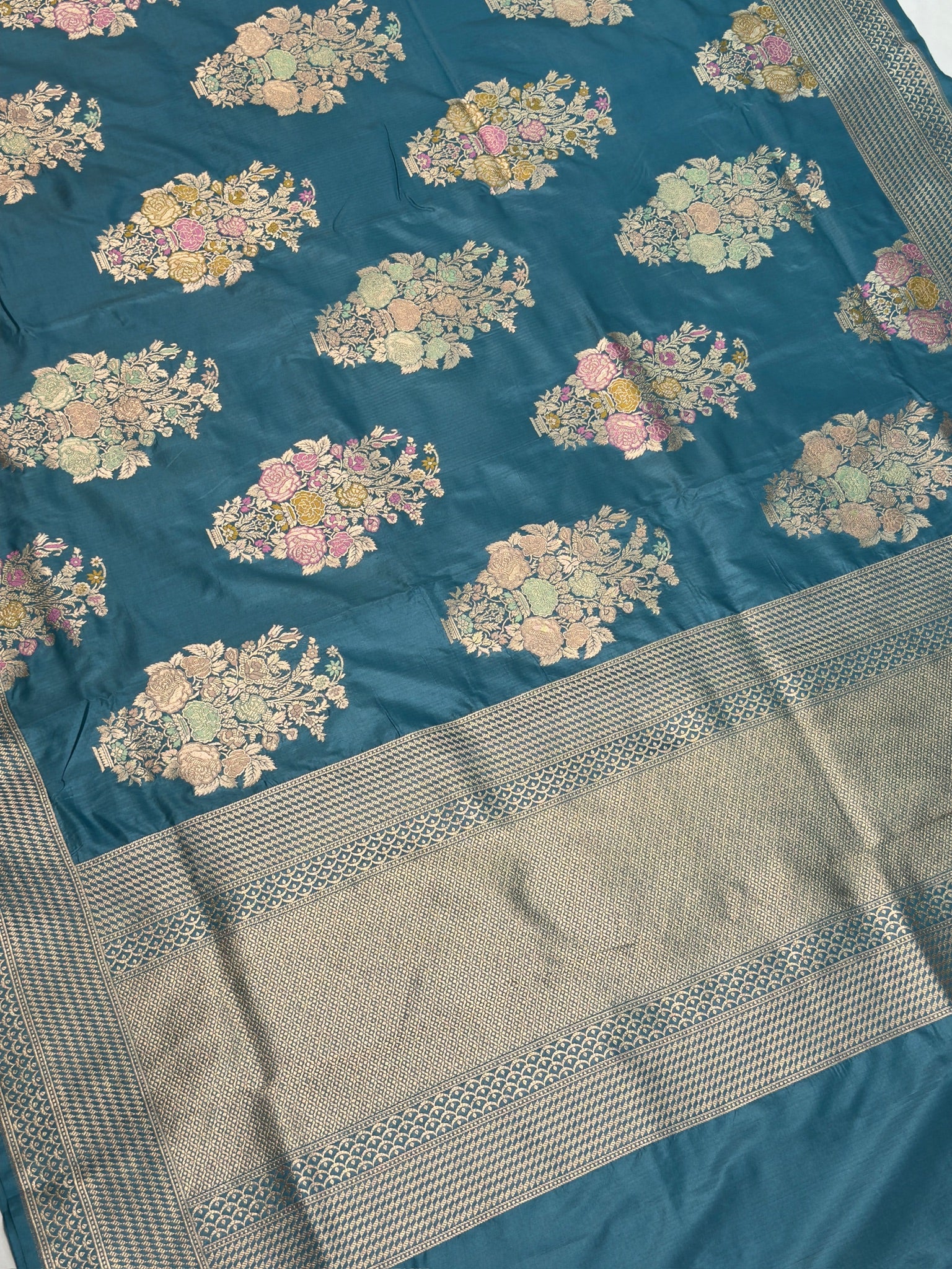 VIRASAT 448: Aqua Blue Pure Katan Silk Meenakari Tilfi Saree with Kadwa Zari Floral Buta &amp; Kadwa Zari Border | Silk Mark Certified