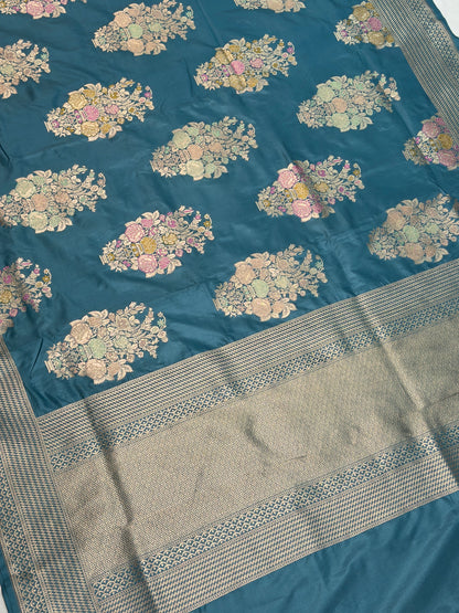 VIRASAT 448: Aqua Blue Pure Katan Silk Meenakari Tilfi Saree with Kadwa Zari Floral Buta &amp; Kadwa Zari Border | Silk Mark Certified