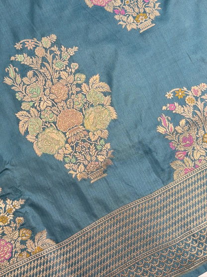 VIRASAT 448: Aqua Blue Pure Katan Silk Meenakari Tilfi Saree with Kadwa Zari Floral Buta &amp; Kadwa Zari Border | Silk Mark Certified