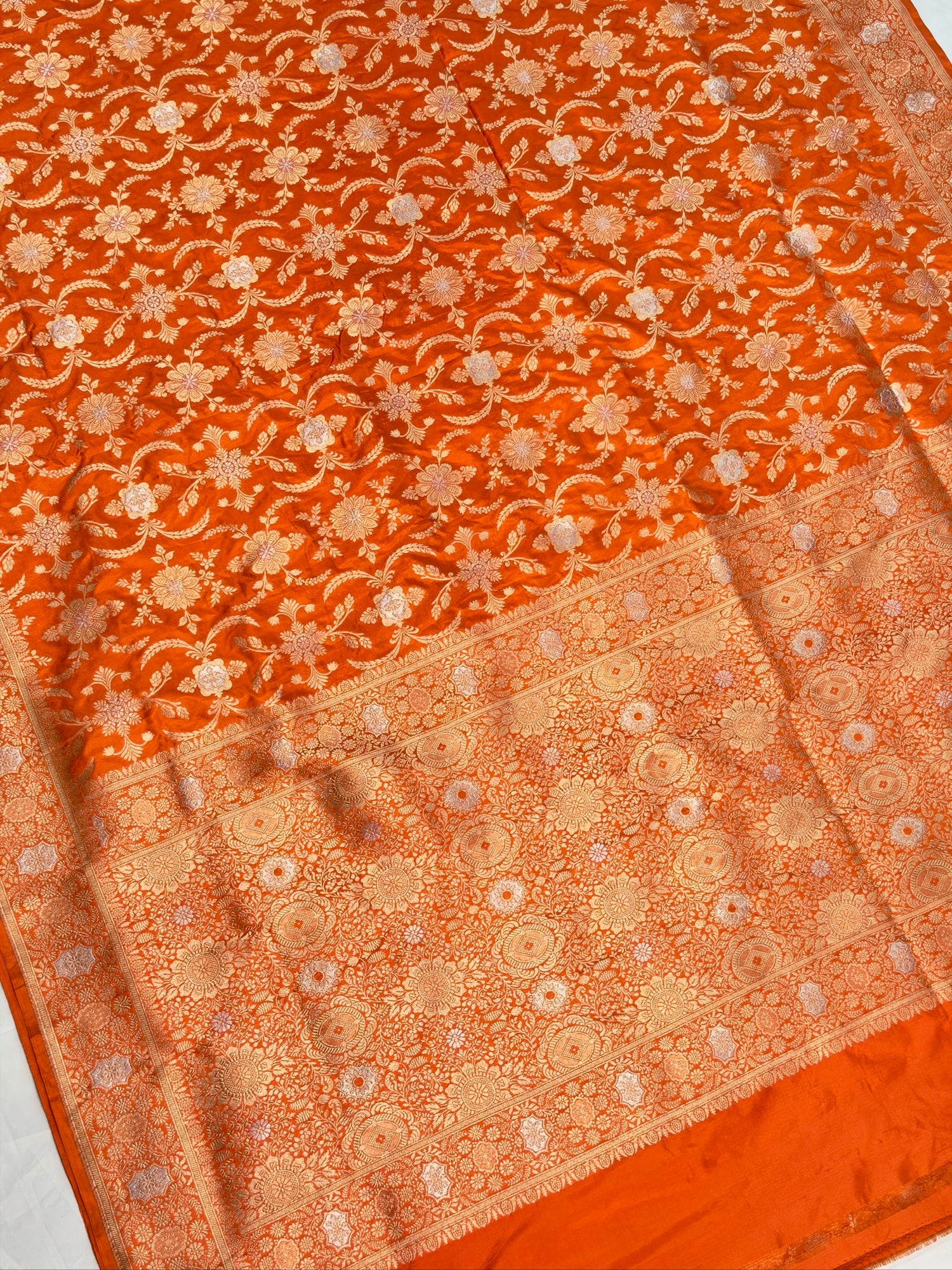 VIRASAT 440: Safety Orange Pure Katan Silk Alfi Saree with Sona Rupa Zari Floral Jaal &amp; Zari Border | Silk Mark Certified