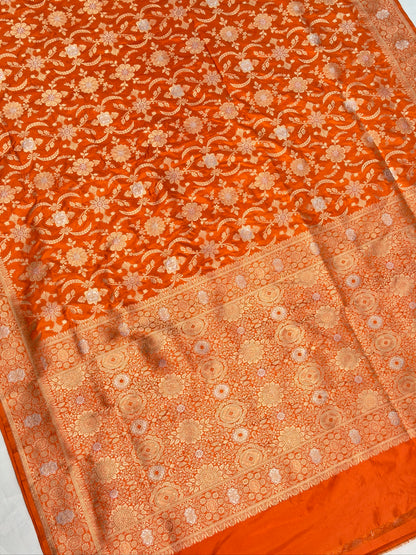 VIRASAT 440: Safety Orange Pure Katan Silk Alfi Saree with Sona Rupa Zari Floral Jaal &amp; Zari Border | Silk Mark Certified