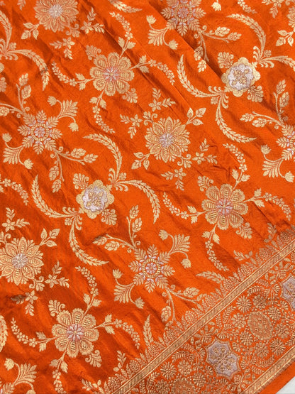 VIRASAT 440: Safety Orange Pure Katan Silk Alfi Saree with Sona Rupa Zari Floral Jaal &amp; Zari Border | Silk Mark Certified