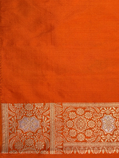 VIRASAT 440: Safety Orange Pure Katan Silk Alfi Saree with Sona Rupa Zari Floral Jaal &amp; Zari Border | Silk Mark Certified