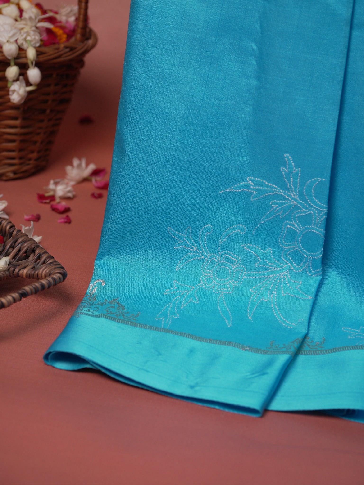 VIRASAT 443: Sky True Blue Pure Katan Silk Saree with Kadwa Zari Satin Border &amp; Chikankari Weaving | Silk Mark Certified