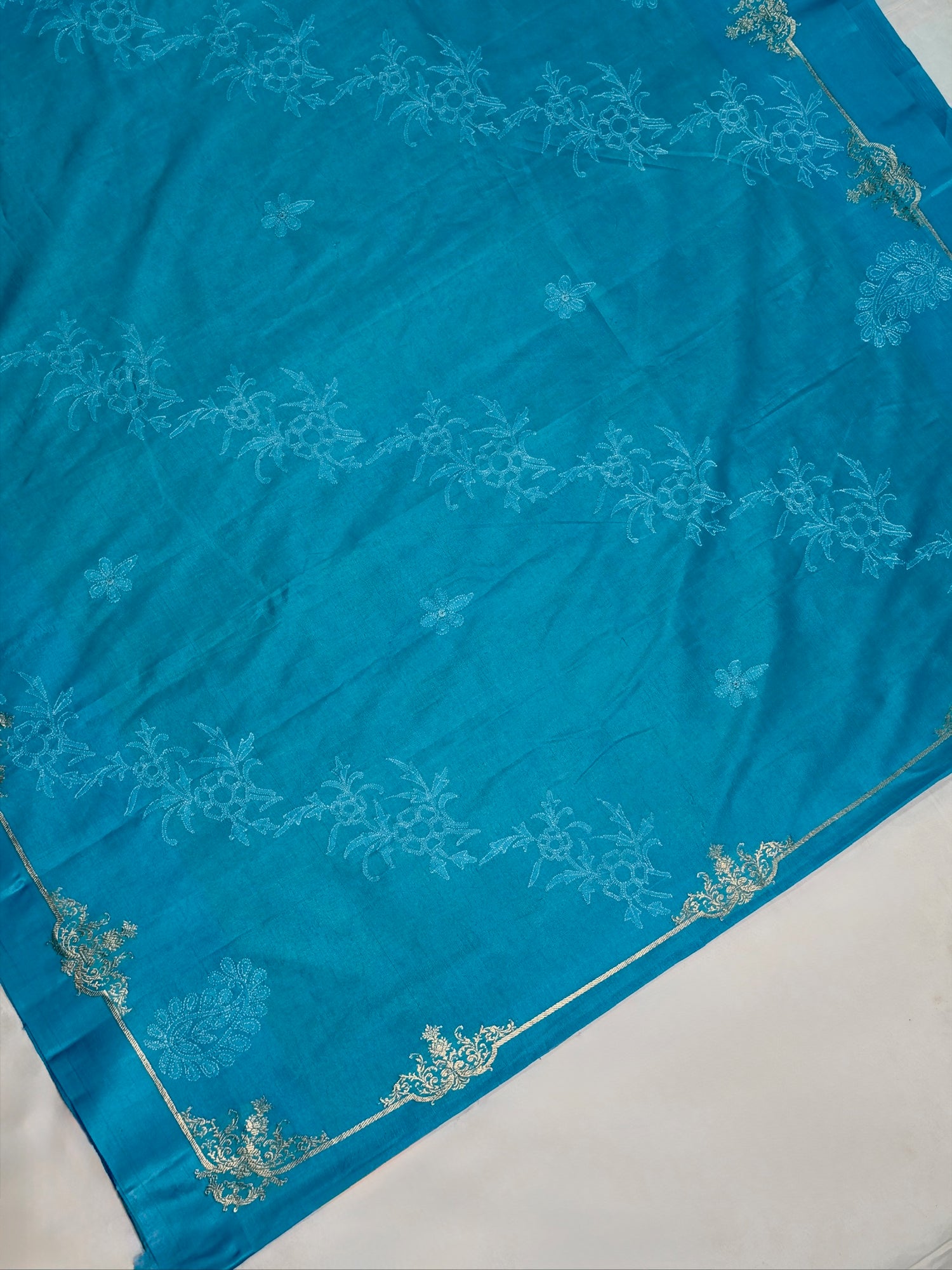 VIRASAT 443: Sky True Blue Pure Katan Silk Saree with Kadwa Zari Satin Border &amp; Chikankari Weaving | Silk Mark Certified