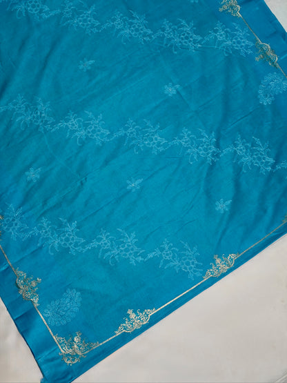 VIRASAT 443: Sky True Blue Pure Katan Silk Saree with Kadwa Zari Satin Border &amp; Chikankari Weaving | Silk Mark Certified