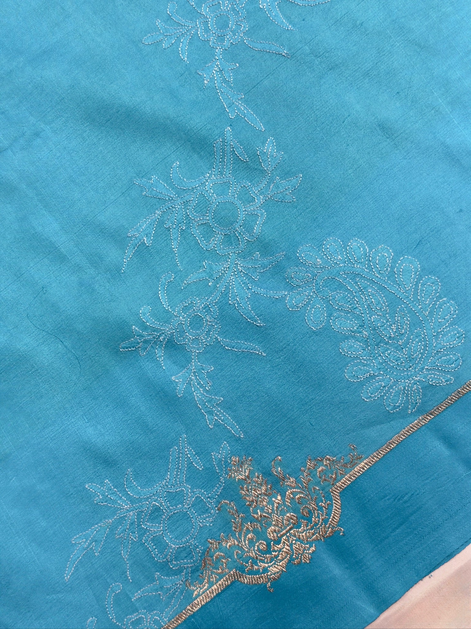 VIRASAT 443: Sky True Blue Pure Katan Silk Saree with Kadwa Zari Satin Border &amp; Chikankari Weaving | Silk Mark Certified