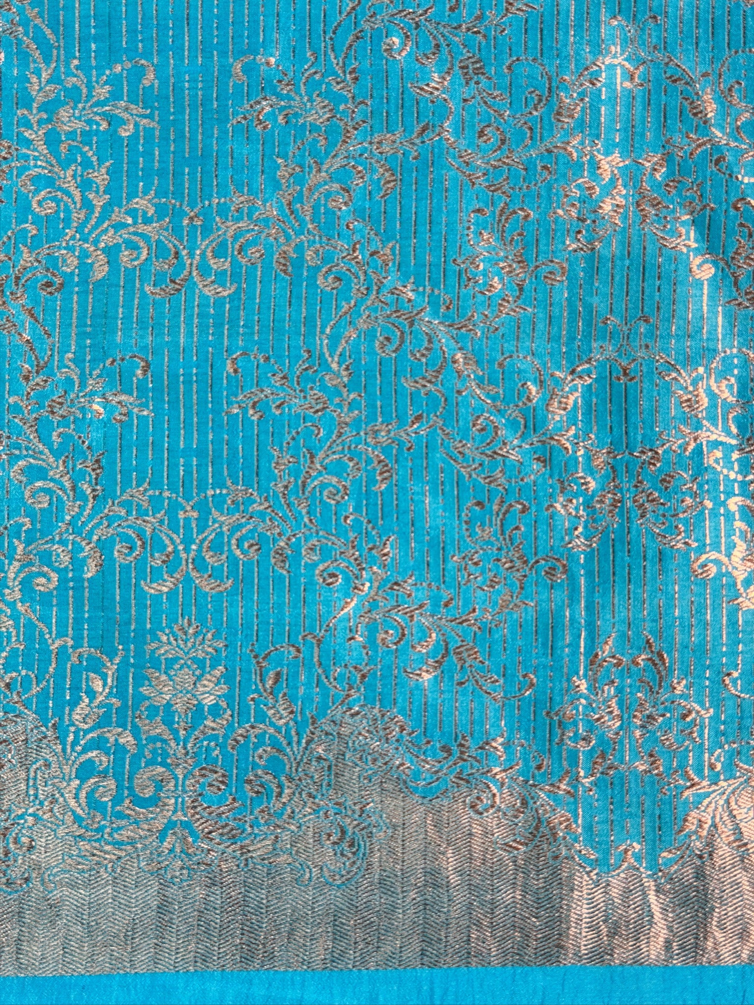 VIRASAT 443: Sky True Blue Pure Katan Silk Saree with Kadwa Zari Satin Border &amp; Chikankari Weaving | Silk Mark Certified