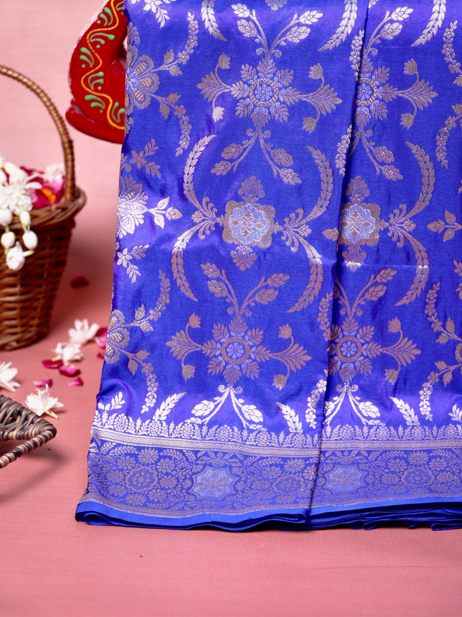 VIRASAT 441: Persian Blue Pure Katan Silk Alfi Saree with Sona Rupa Zari Floral Jaal &amp; Zari Border | Silk Mark Certified