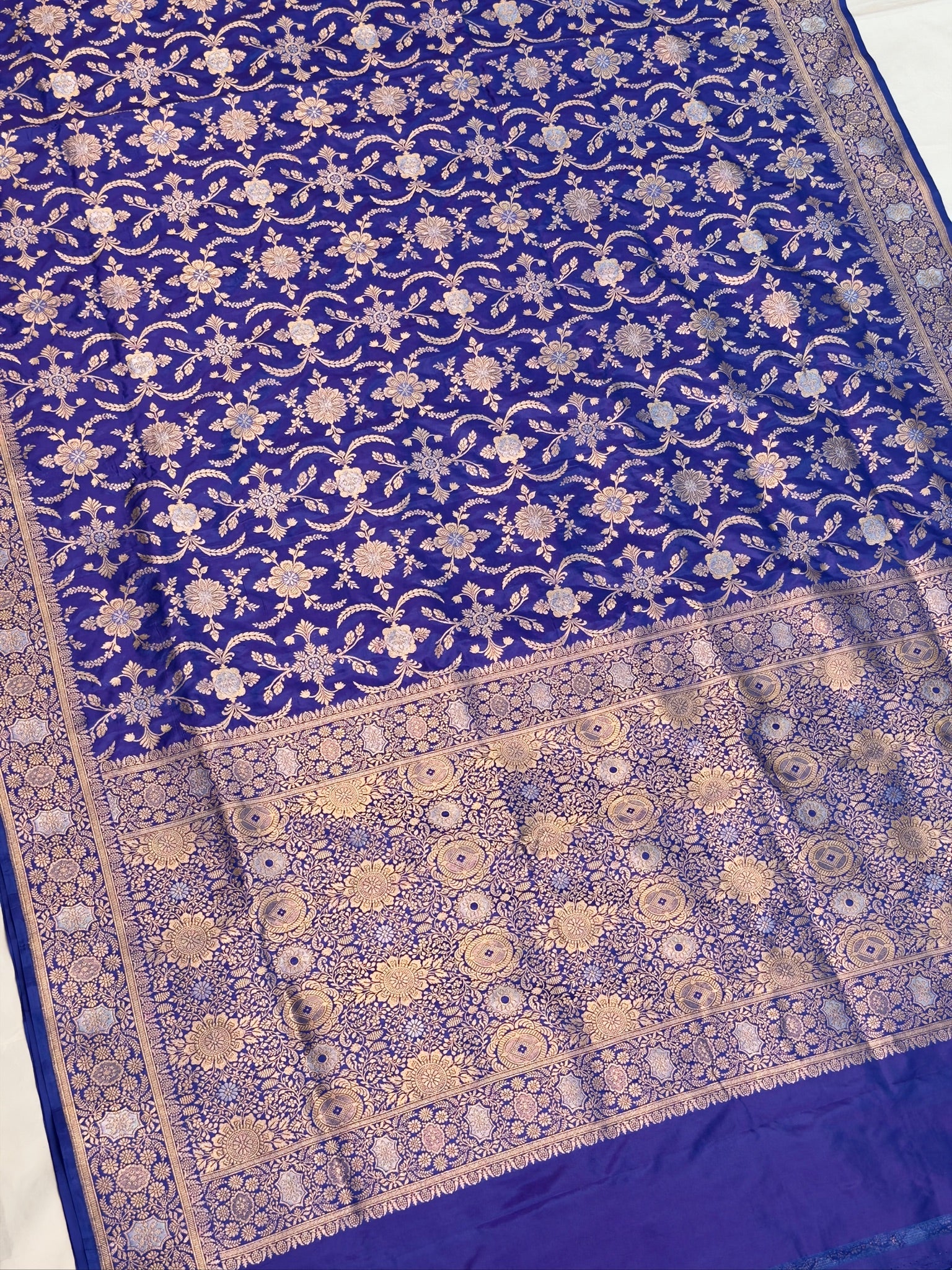 VIRASAT 441: Persian Blue Pure Katan Silk Alfi Saree with Sona Rupa Zari Floral Jaal &amp; Zari Border | Silk Mark Certified