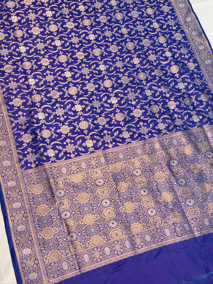 VIRASAT 441: Persian Blue Pure Katan Silk Alfi Saree with Sona Rupa Zari Floral Jaal &amp; Zari Border | Silk Mark Certified