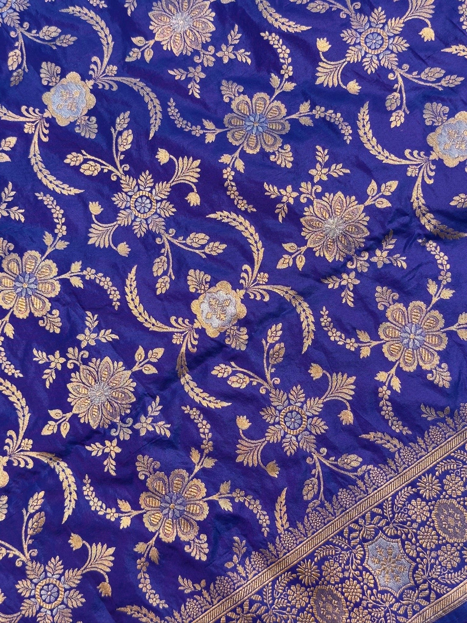 VIRASAT 441: Persian Blue Pure Katan Silk Alfi Saree with Sona Rupa Zari Floral Jaal &amp; Zari Border | Silk Mark Certified