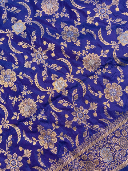 VIRASAT 441: Persian Blue Pure Katan Silk Alfi Saree with Sona Rupa Zari Floral Jaal &amp; Zari Border | Silk Mark Certified