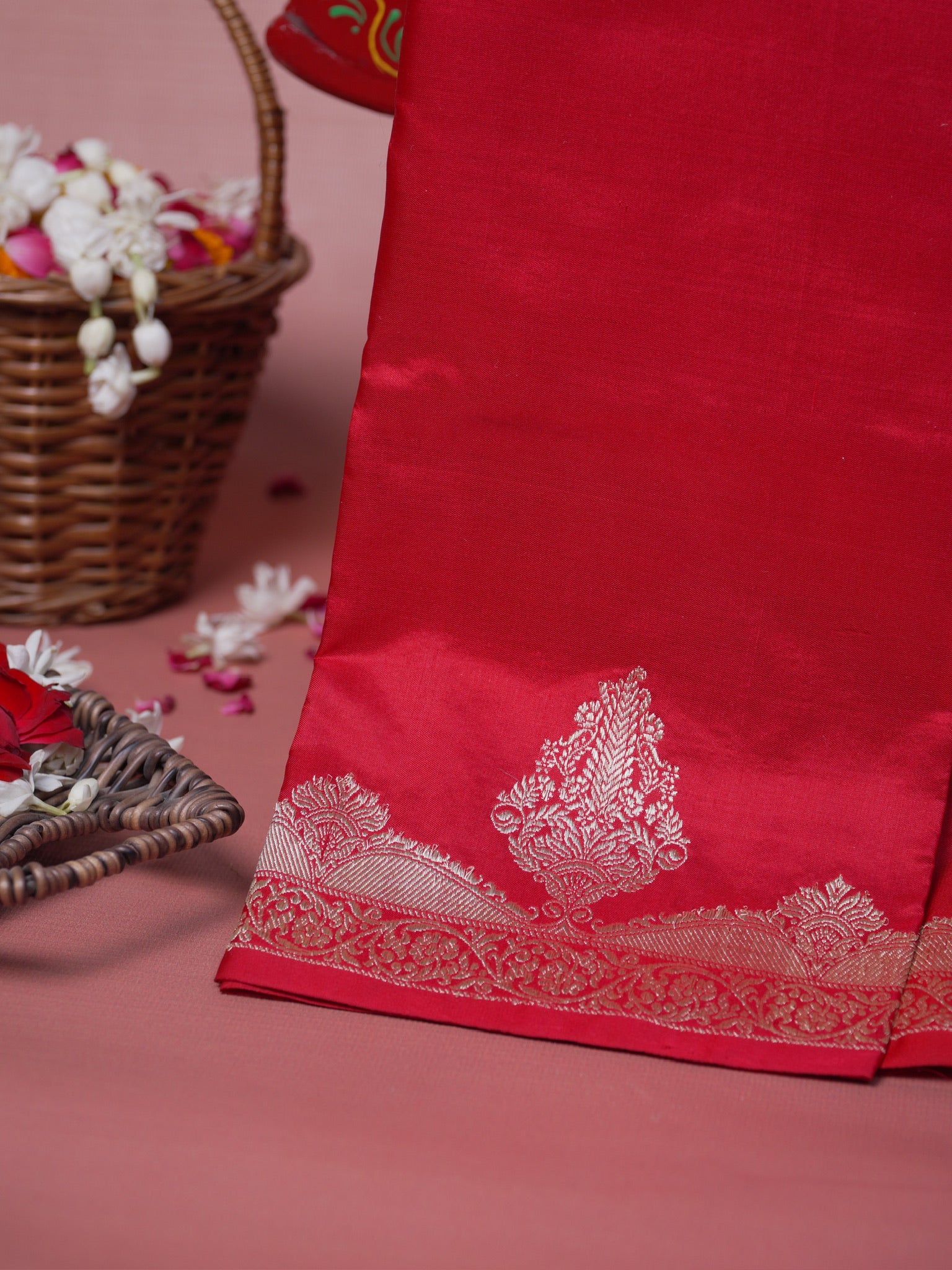 VIRASAT 444:Crimson Red Pure Katan Silk Saree with Kadwa Zari Scallop Border | Silk Mark Certified