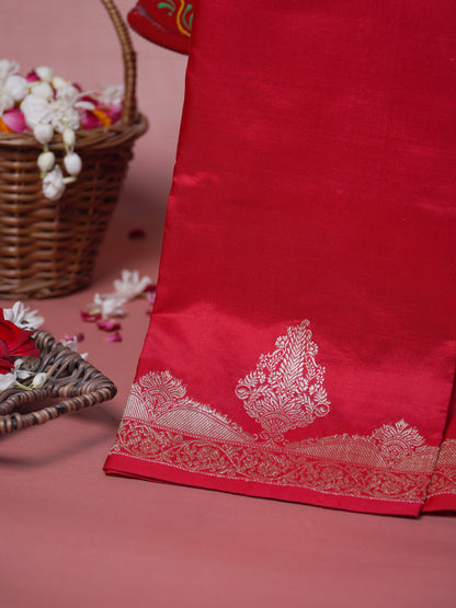 VIRASAT 444:Crimson Red Pure Katan Silk Saree with Kadwa Zari Scallop Border | Silk Mark Certified