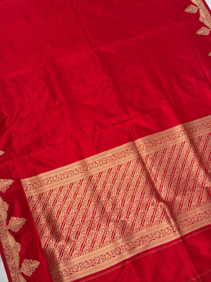 VIRASAT 444:Crimson Red Pure Katan Silk Saree with Kadwa Zari Scallop Border | Silk Mark Certified