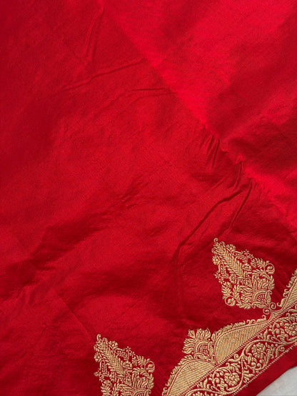 VIRASAT 444:Crimson Red Pure Katan Silk Saree with Kadwa Zari Scallop Border | Silk Mark Certified
