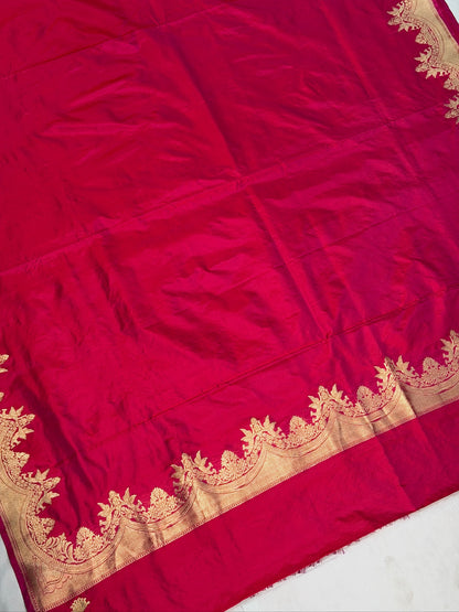 VIRASAT 445:Peachy Pink Dual Shade Pure Katan Silk Saree with Kadwa Zari Scallop Border | Silk Mark Certified