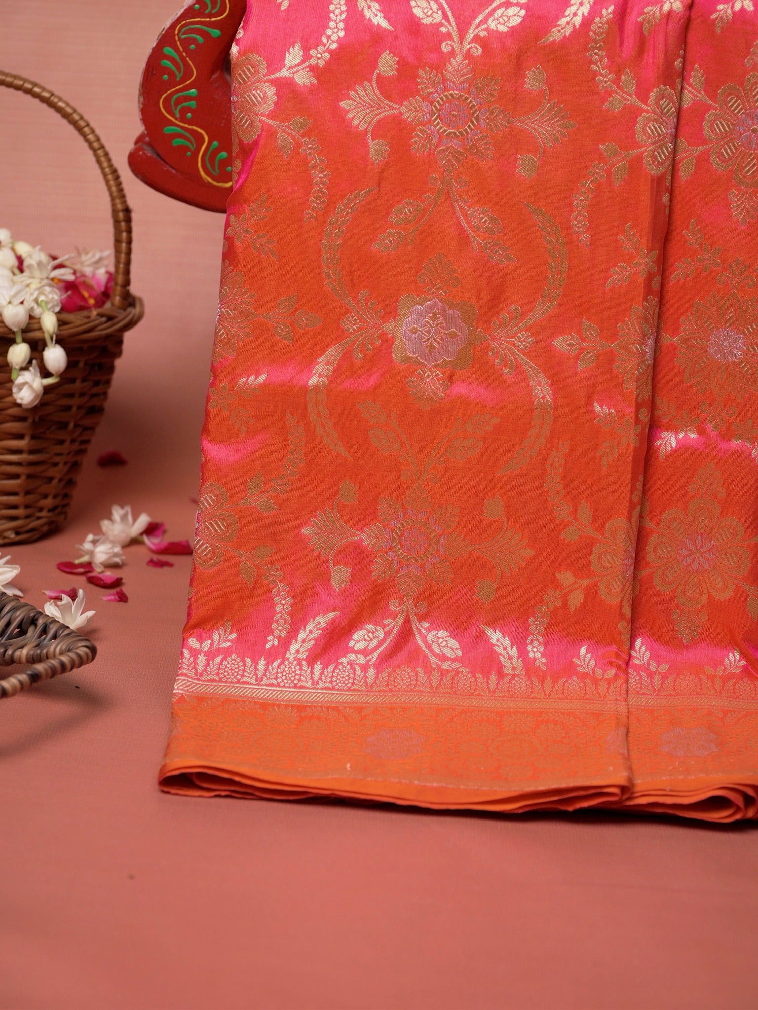 VIRASAT 433C: Gajari Pink Dual Tone Pure Katan Silk Alfi Saree with Sona Rupa Zari Floral Jaal &amp; Zari Border | Silk Mark Certified