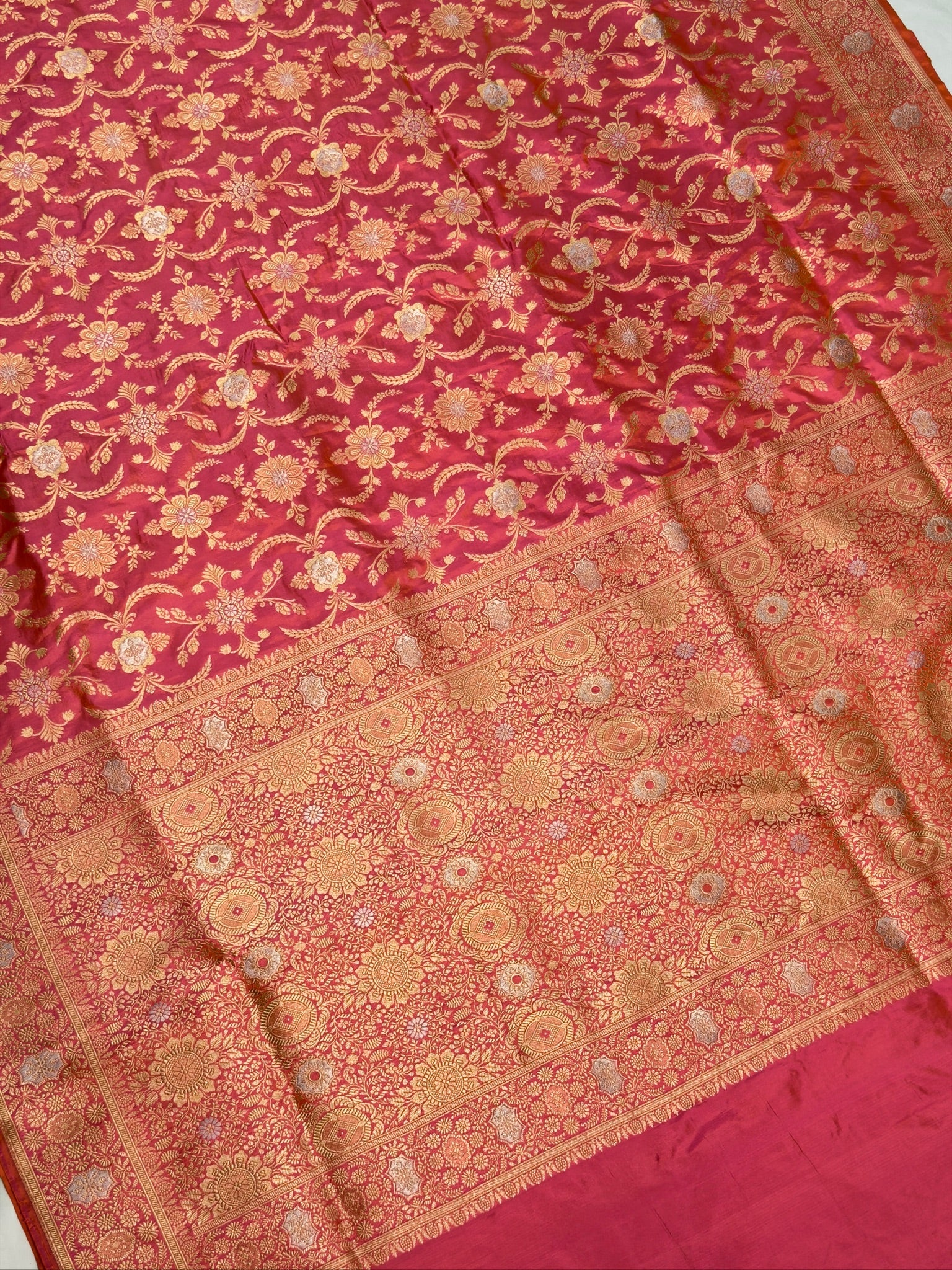 VIRASAT 433C: Gajari Pink Dual Tone Pure Katan Silk Alfi Saree with Sona Rupa Zari Floral Jaal &amp; Zari Border | Silk Mark Certified