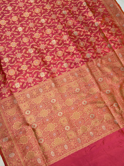 VIRASAT 433C: Gajari Pink Dual Tone Pure Katan Silk Alfi Saree with Sona Rupa Zari Floral Jaal &amp; Zari Border | Silk Mark Certified