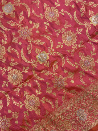 VIRASAT 433C: Gajari Pink Dual Tone Pure Katan Silk Alfi Saree with Sona Rupa Zari Floral Jaal &amp; Zari Border | Silk Mark Certified