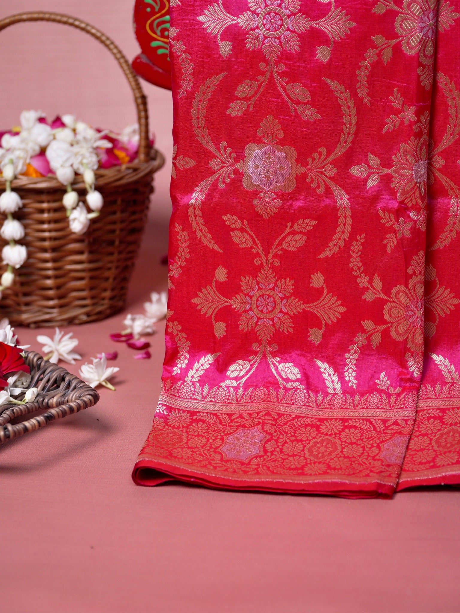 VIRASAT 433E: Hot Pink Pure Katan Silk Alfi Saree with Sona Rupa Zari Floral Jaal &amp; Zari Border | Silk Mark Certified