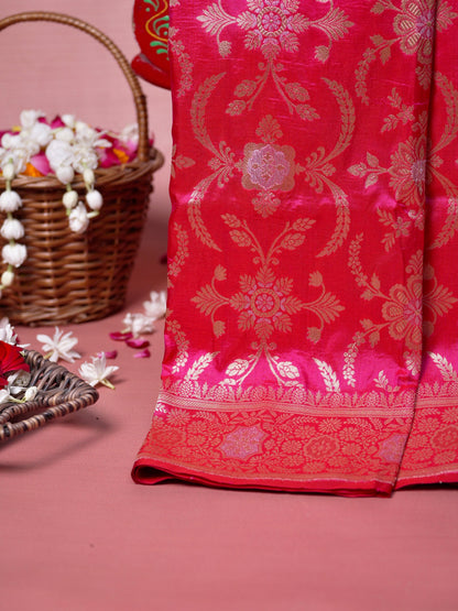 VIRASAT 433E: Hot Pink Pure Katan Silk Alfi Saree with Sona Rupa Zari Floral Jaal &amp; Zari Border | Silk Mark Certified