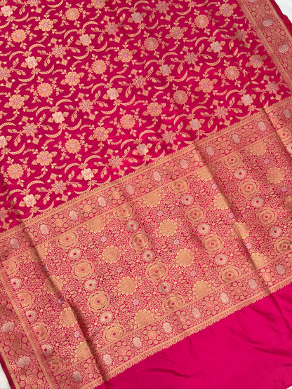 VIRASAT 433E: Hot Pink Pure Katan Silk Alfi Saree with Sona Rupa Zari Floral Jaal &amp; Zari Border | Silk Mark Certified