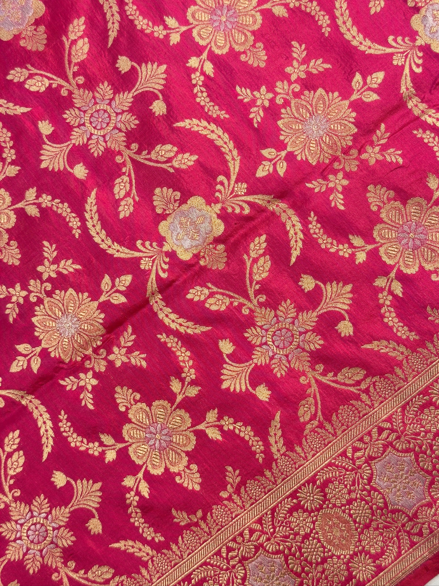 VIRASAT 433E: Hot Pink Pure Katan Silk Alfi Saree with Sona Rupa Zari Floral Jaal &amp; Zari Border | Silk Mark Certified